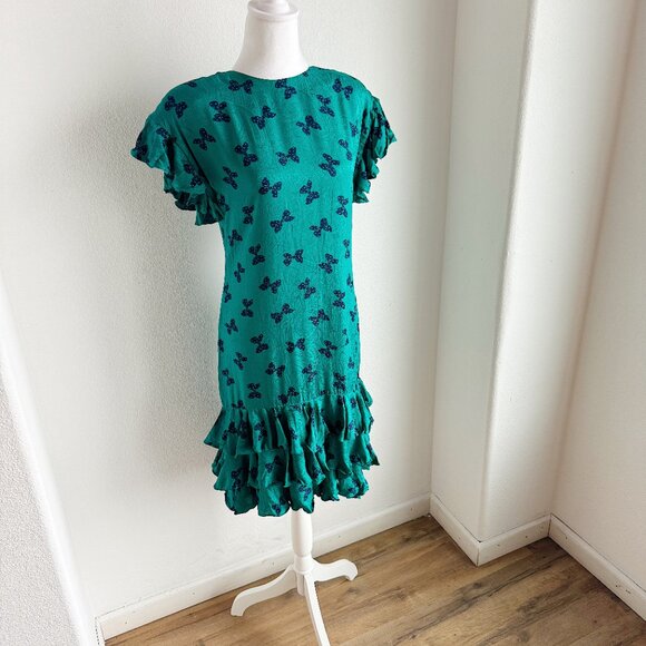 VINTAGE TEAL SILK DRESS WITH BOW PRINT - Picture 3 of 7